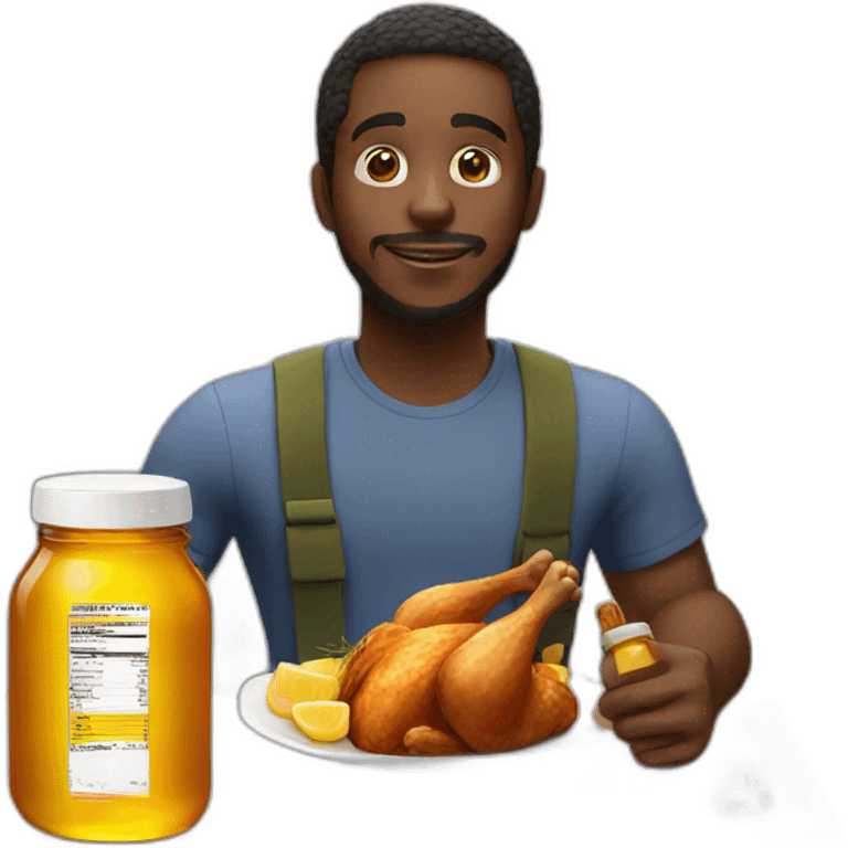 Black man eating chicken next to a honey bottle emoji