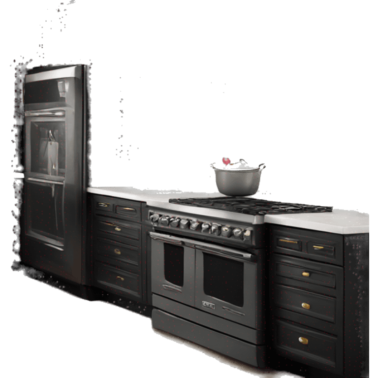 Isolated full length Realistic black kitchen range with cabinets and counters emoji