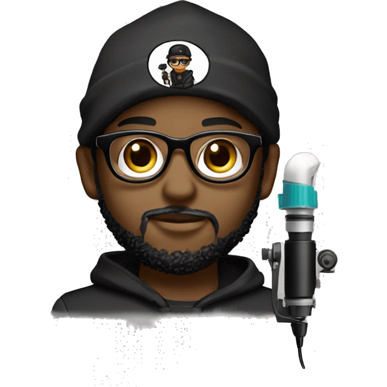 black cap, hoodie, and glasses boy with beard holding tattoo machine emoji