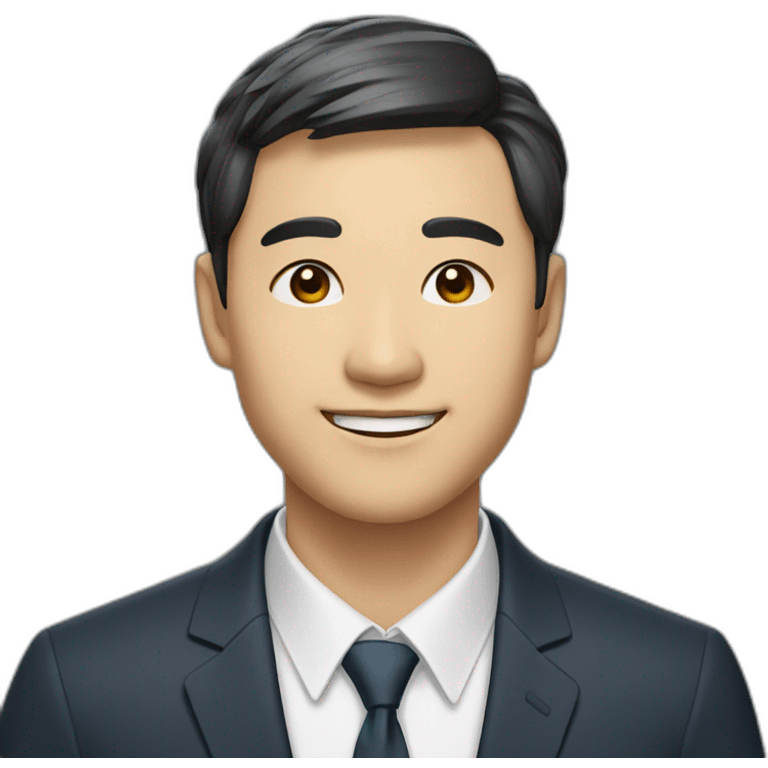 A Korean man with a slightly parted front bangs, bright smile, and semi-formal suit emoji