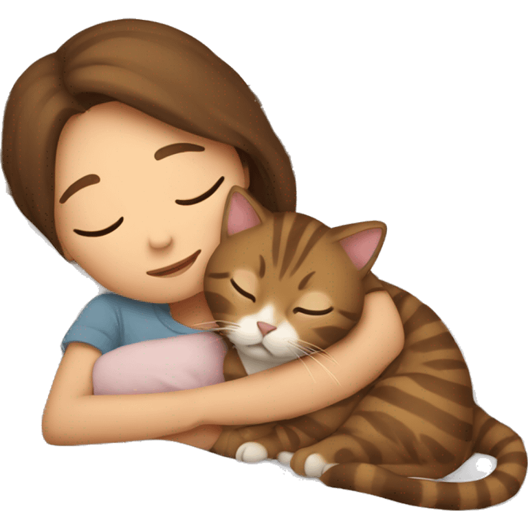 brown haired girl sleeping with tabby brown cat in bed emoji