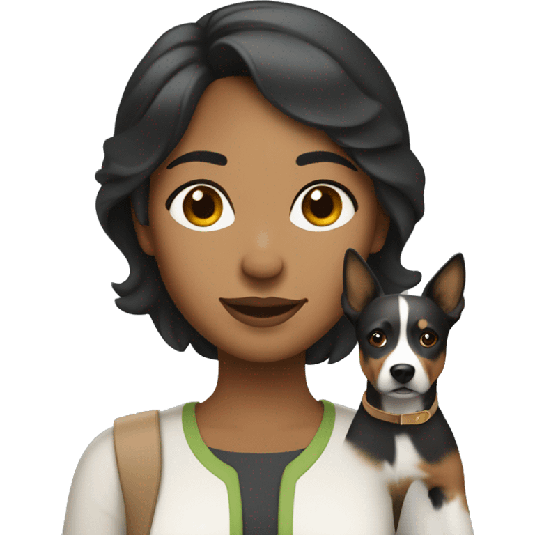 Apple style brown woman with medium black hair holding gray heeler emoji