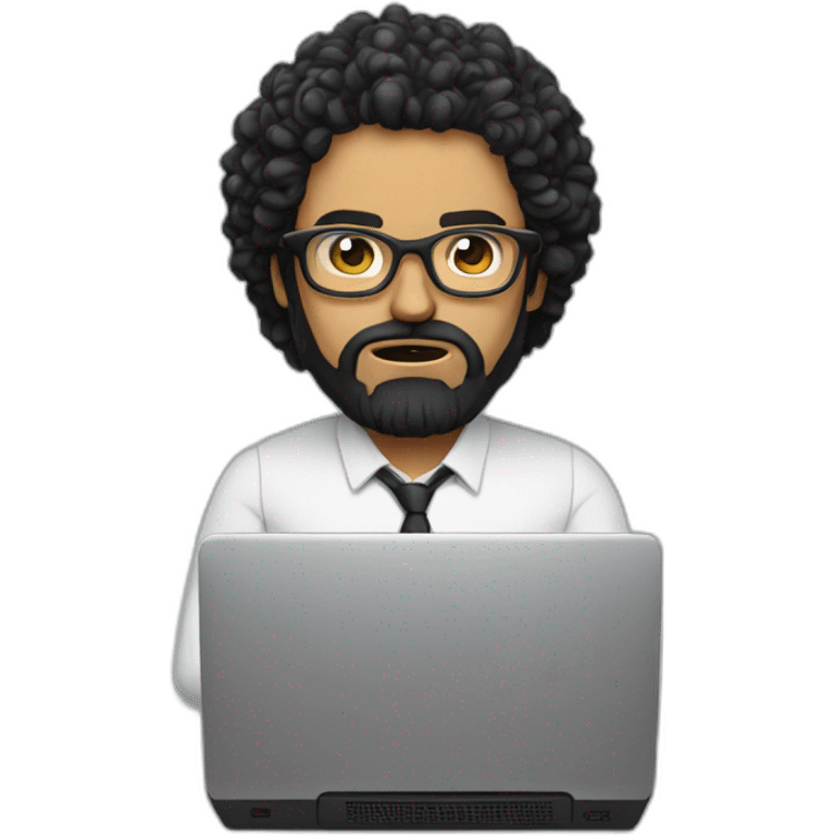 angry men with black curly hair and beard with golden glasses working on computer emoji