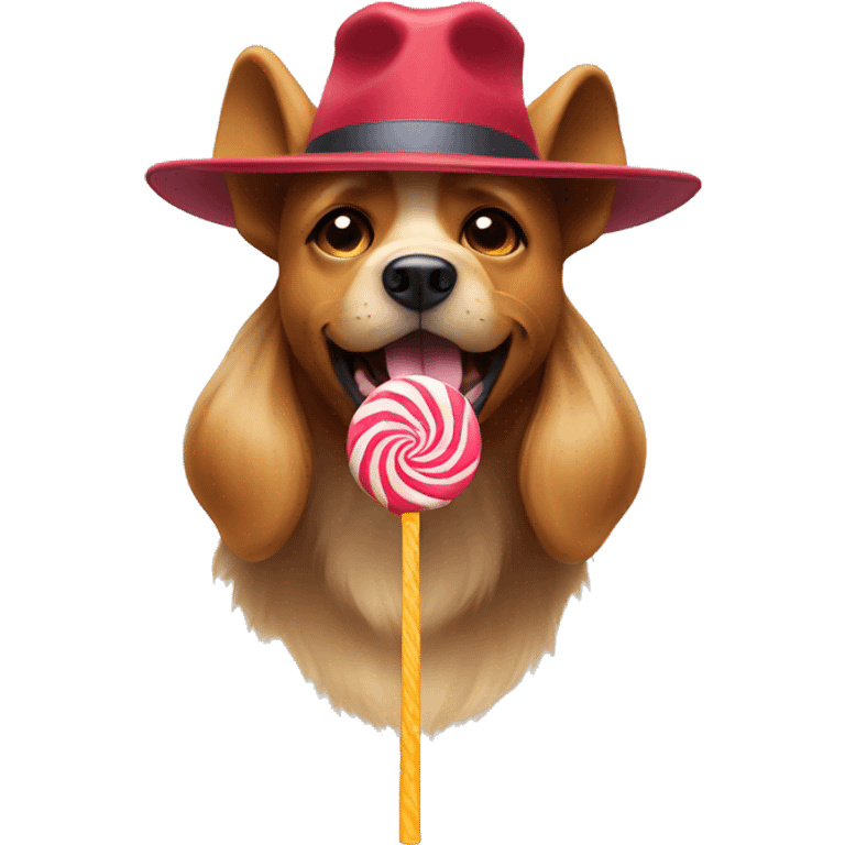 dog wearing hat tongue sticking out holding lollipop emoji