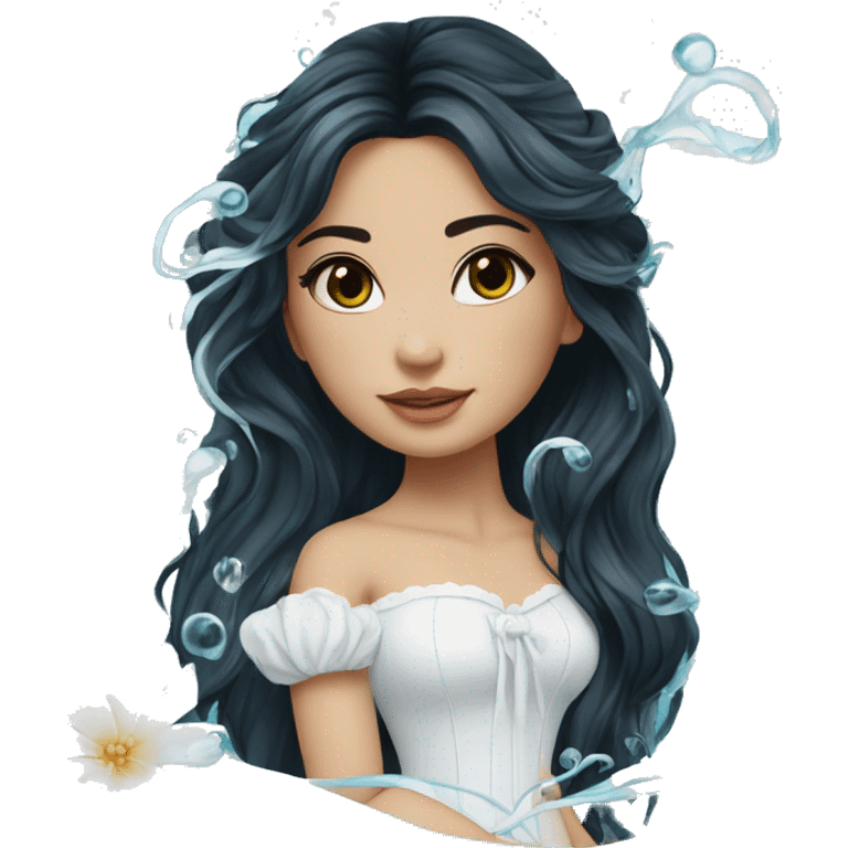 Pretty young Lady doll posing posed pose with long black hair flowers in hair white dress surrounded by flowing water water swirls waves emoji