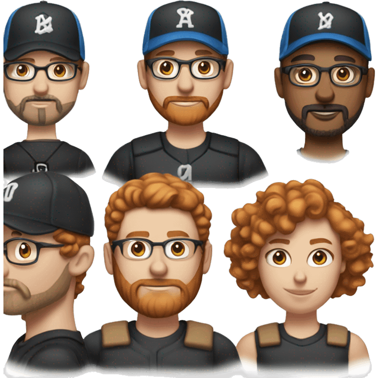 35 years old, male, short curly red hair, glasses, black baseball hat, blue eyes, pale complexion, thick beard and thin mustache emoji