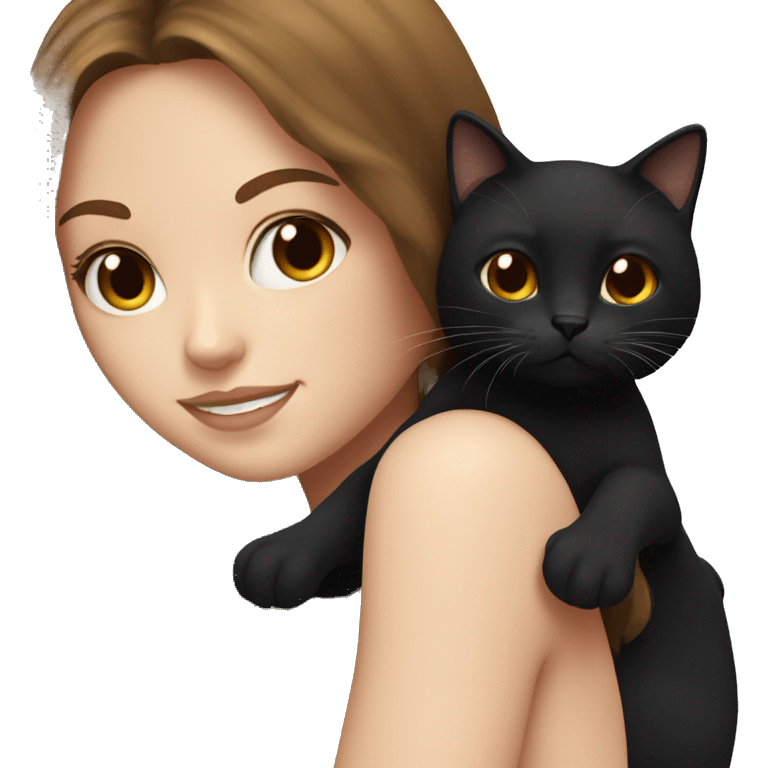 white girl with long brown hair holding fluffy black cat emoji