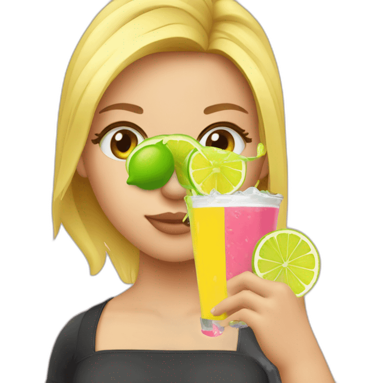 crazy blonde girl straw drinking pink lemonade with one green lemon in the cup, with black watch black tshirt emoji