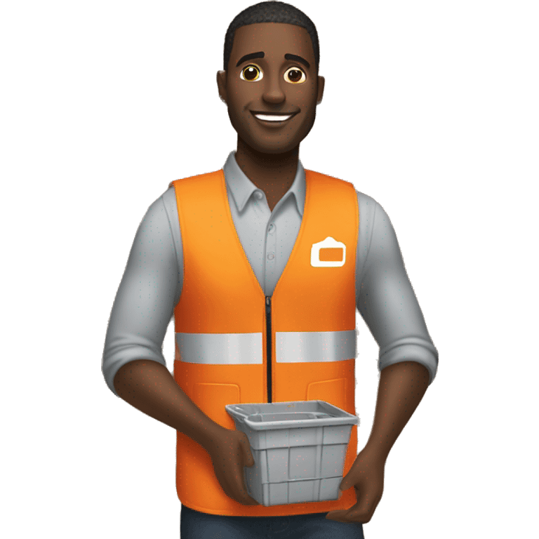 Black Male with Small Afro from Home Depot wearing orange pro loader vest pushing orange home depot carts emoji