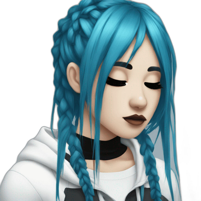 Side profile sad emo girl, black makeup, long choppy blue hair side bangs emoji