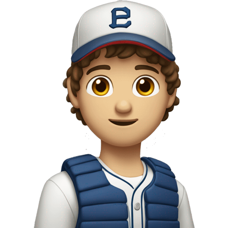 Teenager boy type italian, White skin, with baseball cap backwards with wavy brown hair (Which go down behind to the nape of the neck), Little bit dezoom emoji