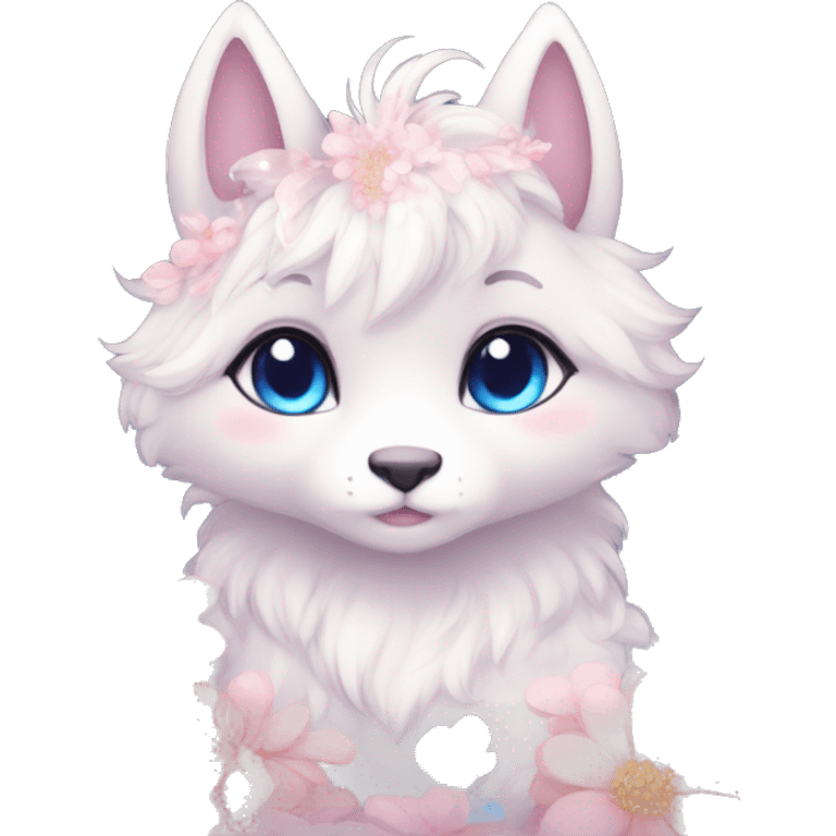 Anthro Cute Cool Blushing Pastel Innocent Shy Kawaii gorgeous sparkly ethereal fantasy animal creature with blue eyes furry sona with flowers and ribbons beautiful aesthetic emoji