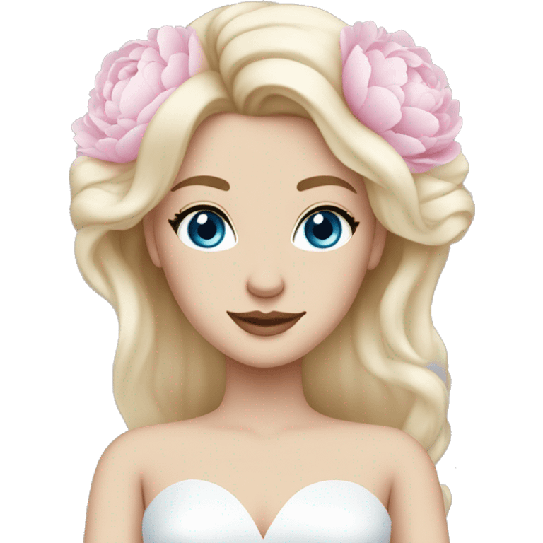 White bride with long light blonde hair and blue eyes with light pink peonies in hair white skin  emoji