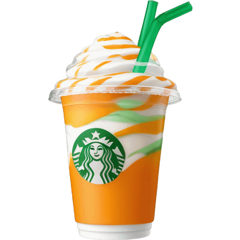 Realistic clear plastic cup with orange plastic Transluscent domed lid with orange and white swirled Frappuccino inside and green straw through the top of the lid. emoji