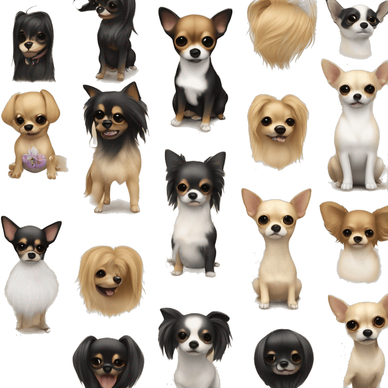 mujer piel blanca pelo largo negro y perro chihuahua beige emoji