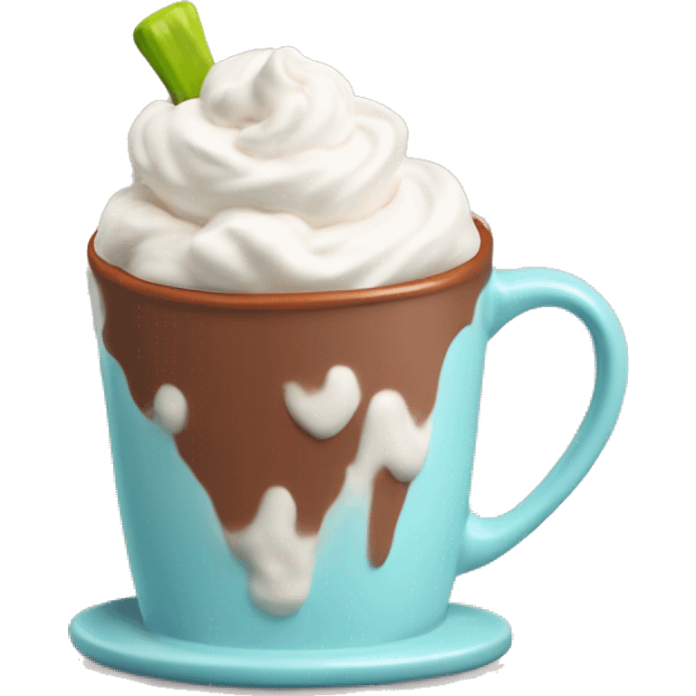 Realistic hot chocolate in pastel color mug with whipped cream on top and a carrot stuck through the whipped cream. emoji