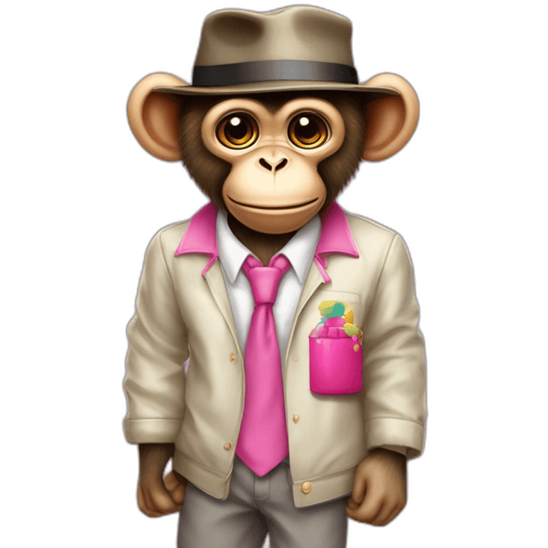 Monkey with hat glazzes a shirt and pants and pink shoes and a Rubix cube in hes hand glazzes emoji