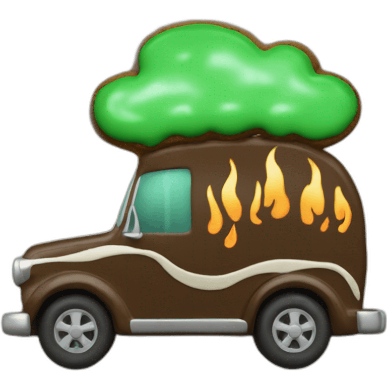 a cookie car covered in chocolate for the girl scouts with green coloring and flames coming out the end emoji