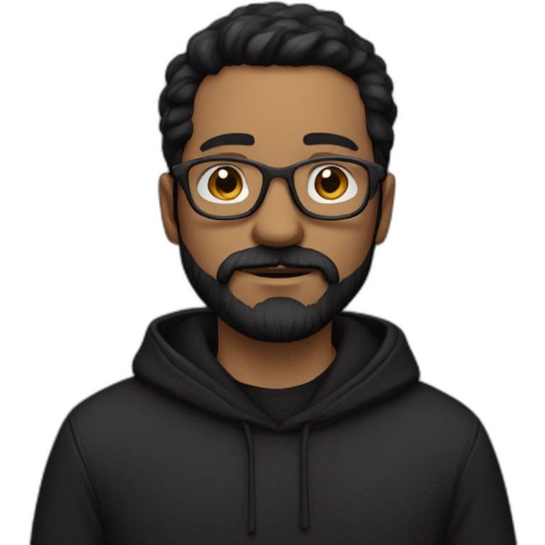 White man dark straight hair, moustache and beard, wearing a black hoodie, glasses emoji