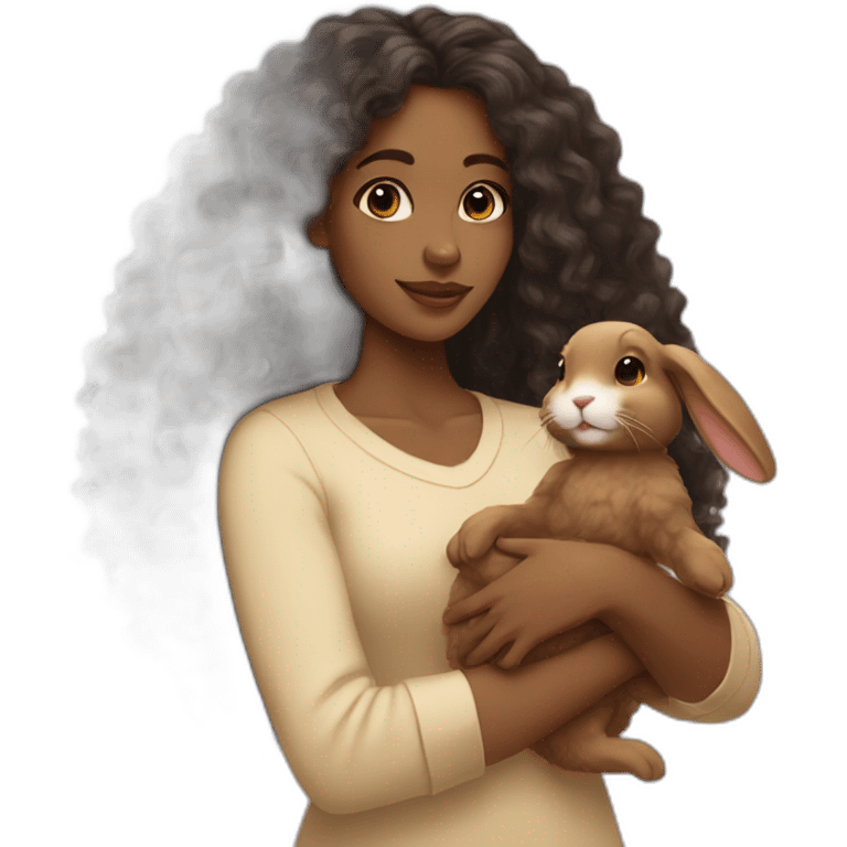 black woman long curly hair holding floppy eared tan rabbit cute emoji