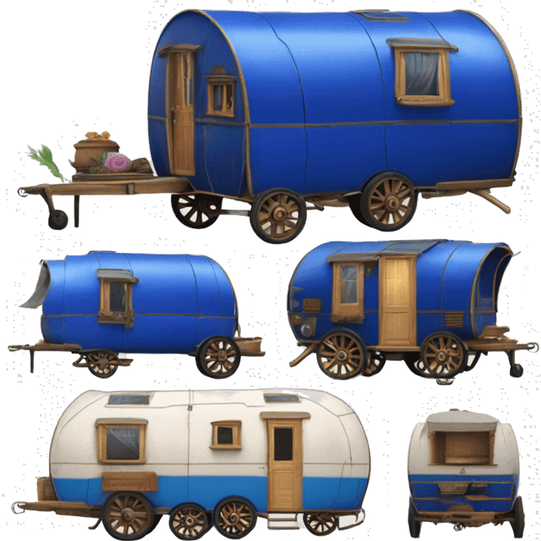 Realistic cobalt blue vintage round gypsy caravan wagon camper emoji