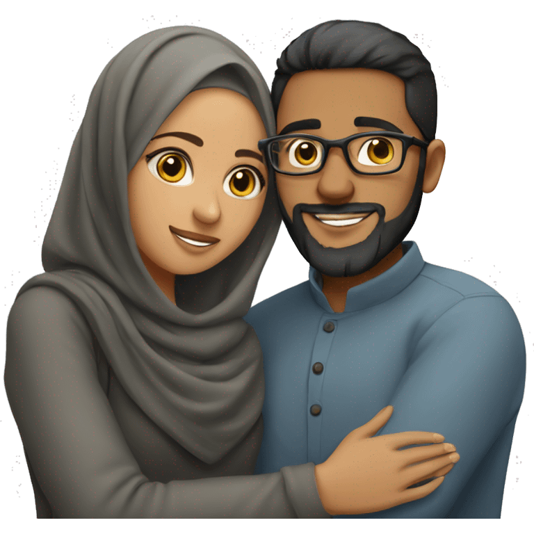 A young Muslim woman and her young Muslim husband with glasses and a beard hug emoji