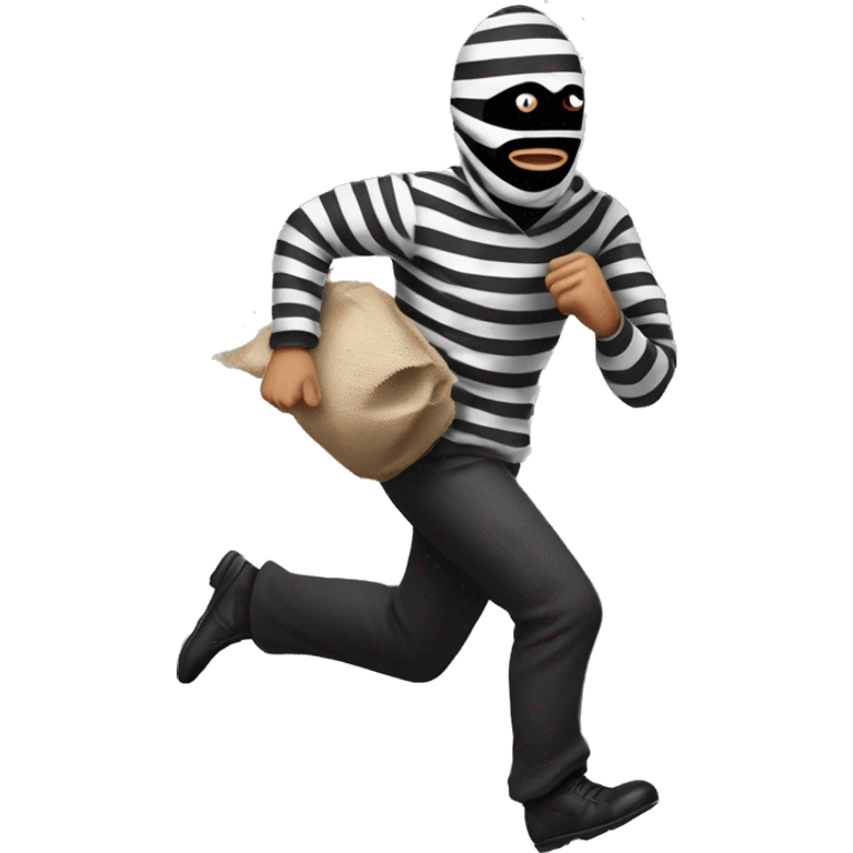 A robber in striped black and white clothes with a black eye mask on running away with a brown sack of money on his back  emoji