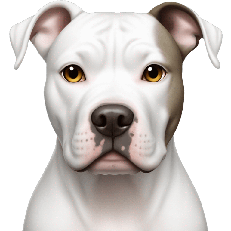 White American Staffordshire terrier with light gray/brown patches by only her left ear and blue eyes emoji