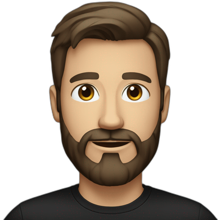 White man with a sun kissed tan, blue eyes and dark brown hair, styled sideways backwards. He has a beard and mustache trimmed. Wears s black t-shirt. emoji