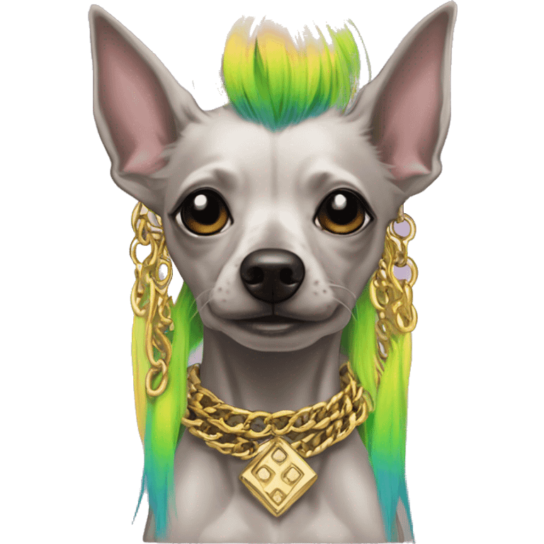 Punk Chinese crested dog neon rainbow hair gold chain punk piercings tattoos punk ear piercings emoji