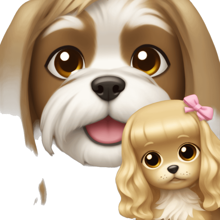 a girl with long, wavy brown hair hugging a Shih Tzu with blonde fur and a cute bow emoji