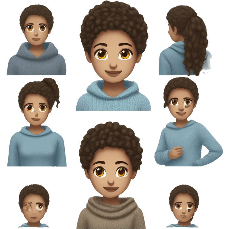 teenage girl, hispanic, freckles, afro brown hair, pony tail, medium length hair, brown eyes, light blue sweater, winter sweater, freckle emoji