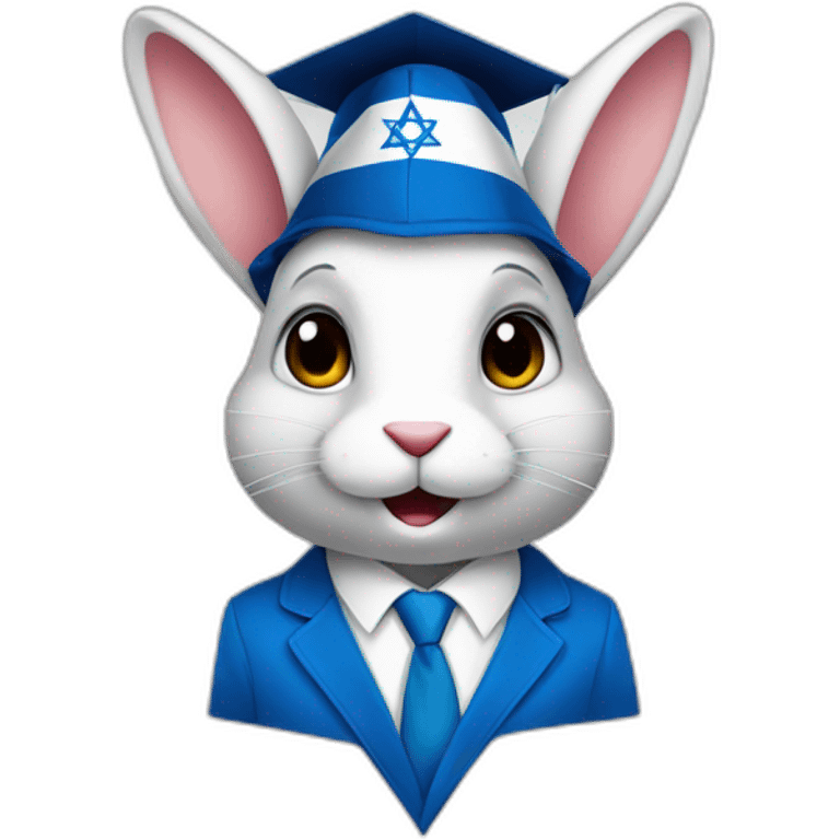 A rabbit student in a suit in the color of the Israel flag in a square academic cap emoji