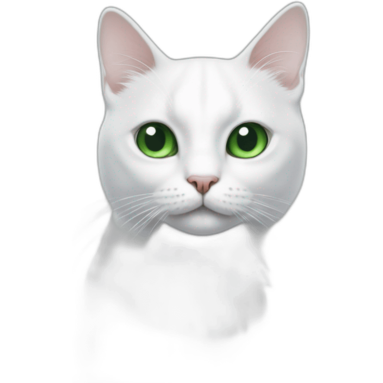 white cat with a large black spot on the top of the head with a white teat in the middle of the spot, with green eyes emoji