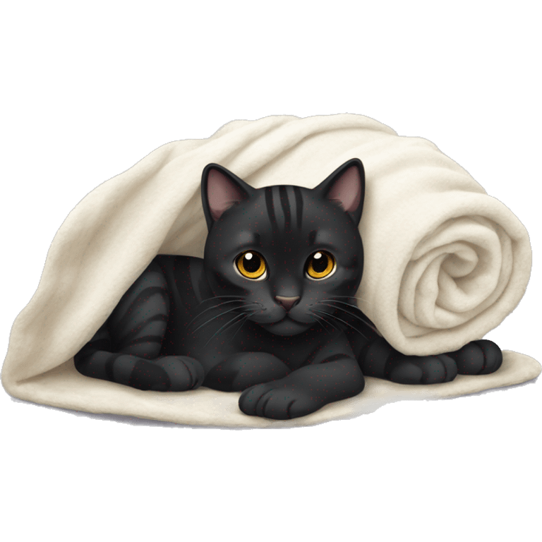 Black tiger cat with white on mouth, white neck, with a cozy blanket emoji