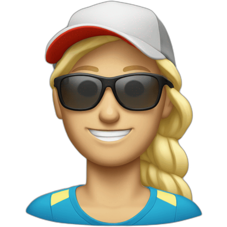 blonde salomon trail runner wearing a cap and a pair of sunglasses emoji