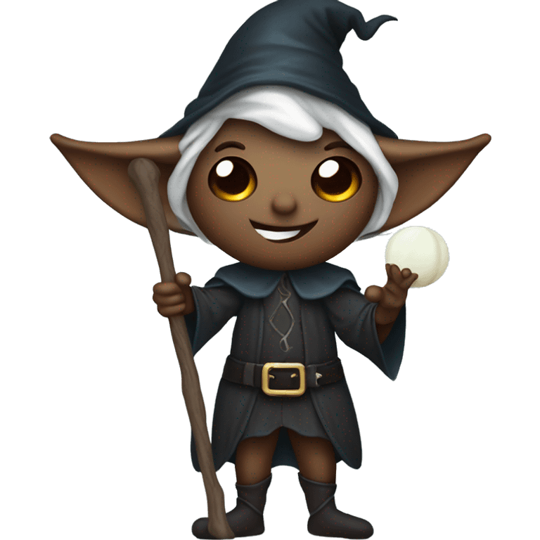 Elf dark sorcerer with a crescent moon hat, holding a bat, Halloween theme, emoji emoji