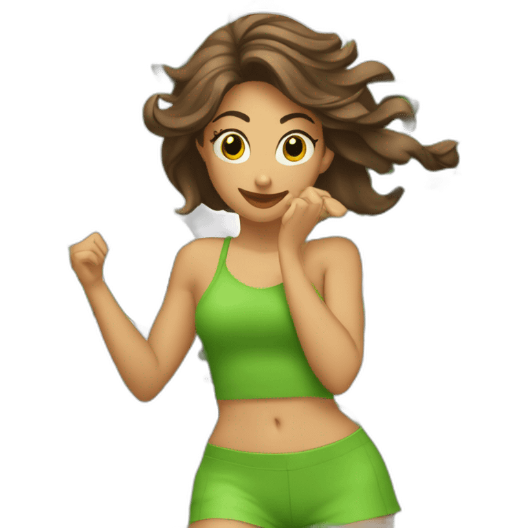 Chica morena con pelo castaño y ojos verdes bailando emoji