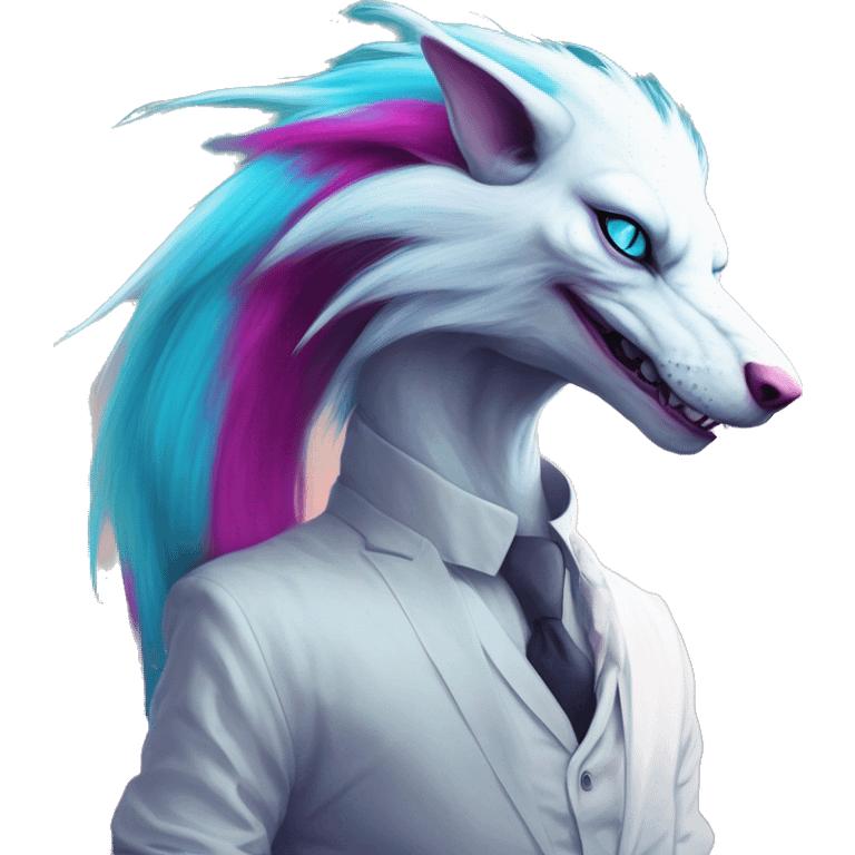 White badass elegant wild beautiful natural cute badass epic anthro modern albino sergal-vernid-creature with cyan mane and magenta eyes with cyan edgy stripes, full body, blue pretty hair, outside, modern, aesthetic, art by LiLaiRa, art by art by Falvie emoji