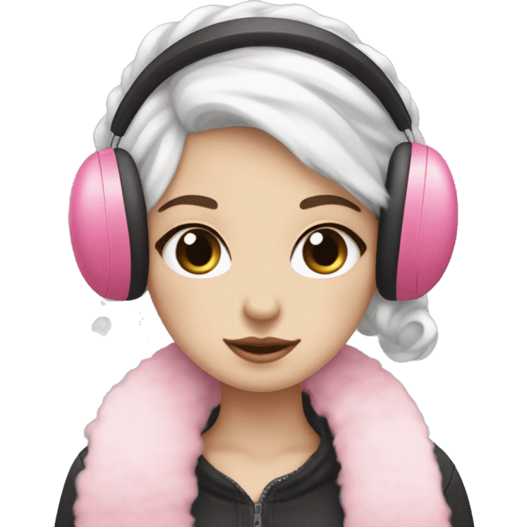 pale girl blushy with black blow out hair and a pink scarf with white fluffy earmuffs emoji