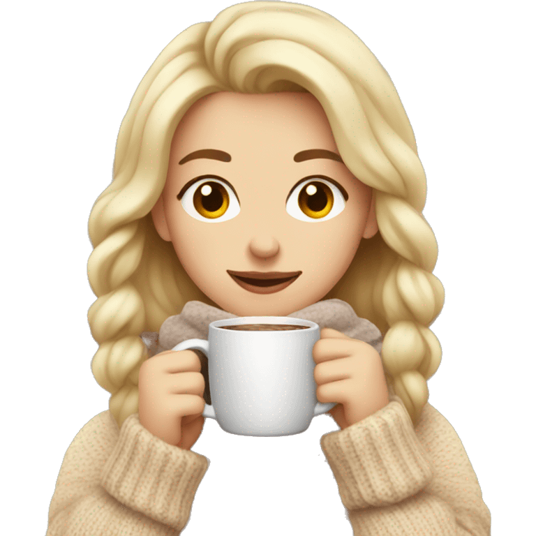 Blonde girl drinking hot cocoa with a cozy sweater on  emoji