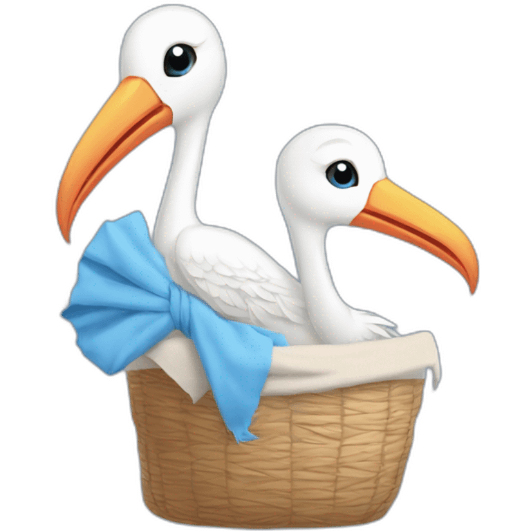 White stork carrying a blue bundle of cloth in its beak that has a human person cute baby with and the human baby head is peeking from the fabric bundle the strok is carrying with its beak emoji