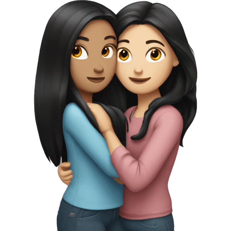 Two white girls with long black hair hugging. emoji