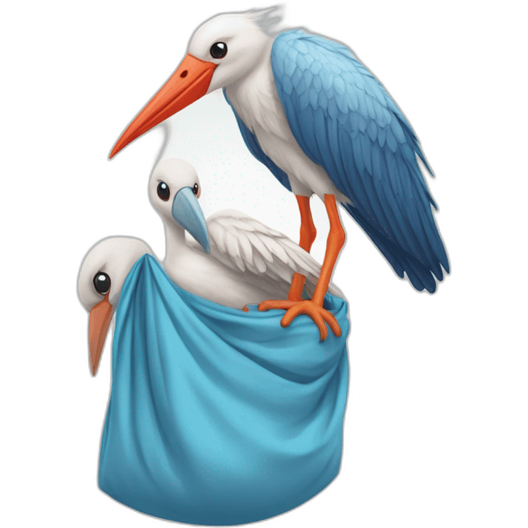 White stork carrying a blue bundle of cloth that has a human person cute baby human in it and the human baby head is peeking from the fabric the strok is carrying in its beak emoji