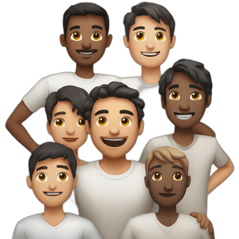 Diverse male friend group holding around each other, races 1 short indian, 1 medium height mexican, middle eastern, south korean and brazilian emoji