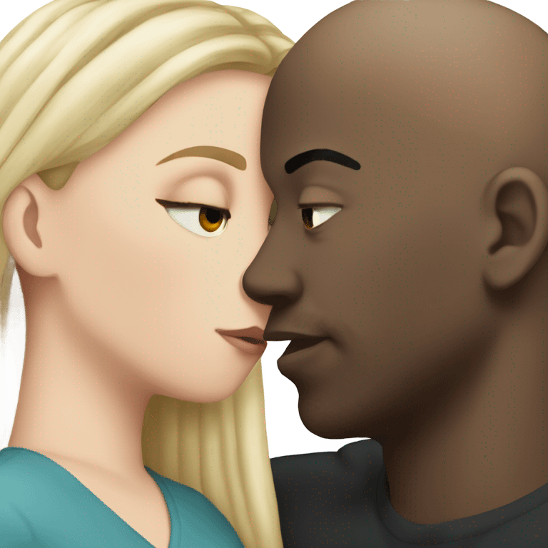 White girl dark hair kissing bald half black man emoji