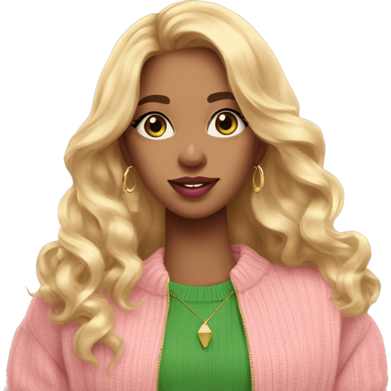 girl pink sweater pink lipstick green eyes gold earrings pink nails golden wavy long hair full body emoji