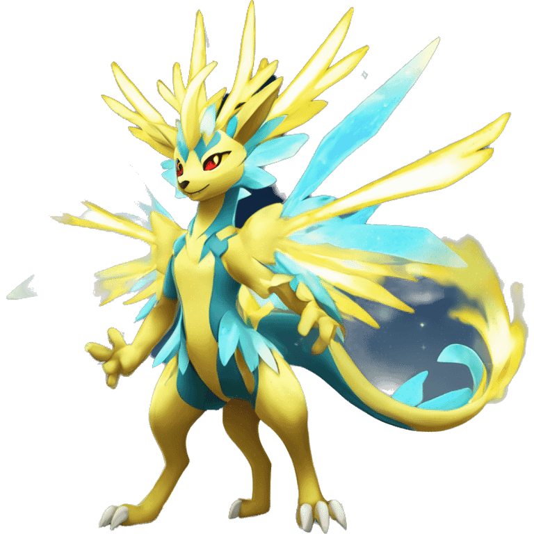 Celestial Powerful Sparkle-Crystallic Colorful Vibrant Colors Flying Advanced Zeraora-Aurorus-Fakémon-Legendary-Pokémon-Creature Full Body emoji