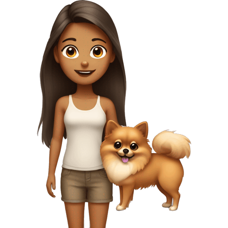 Young tanned girl with Pomeranian emoji