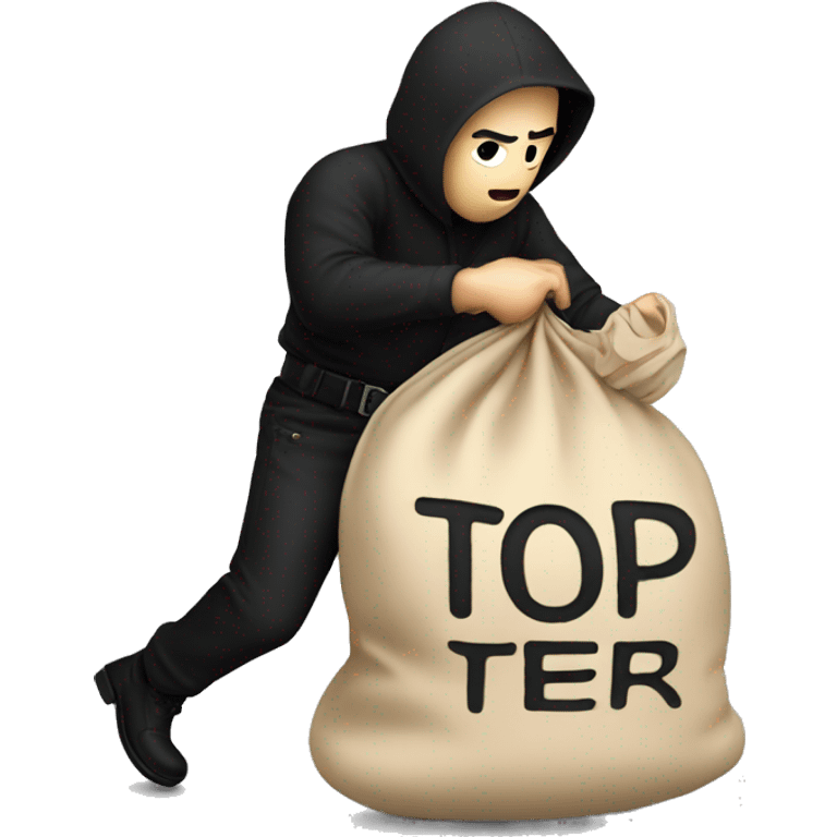 Thief wearing all black clothes actively stealing a beige money bag with the words Top Tier embroidered on it emoji